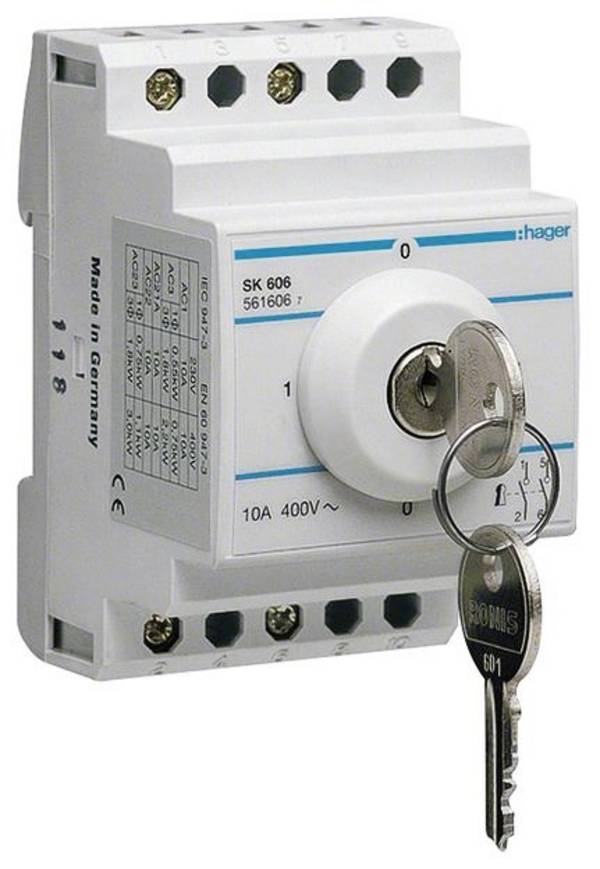 Interrupteur à clé    2 pôles  10 A  400 V  Hager SK606