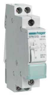 Disjoncteur unipolaire Hager, modèle 'EPN 515', 16 ampères, adapté pour 230/400V, avec interrupteur vert et schéma technique.
