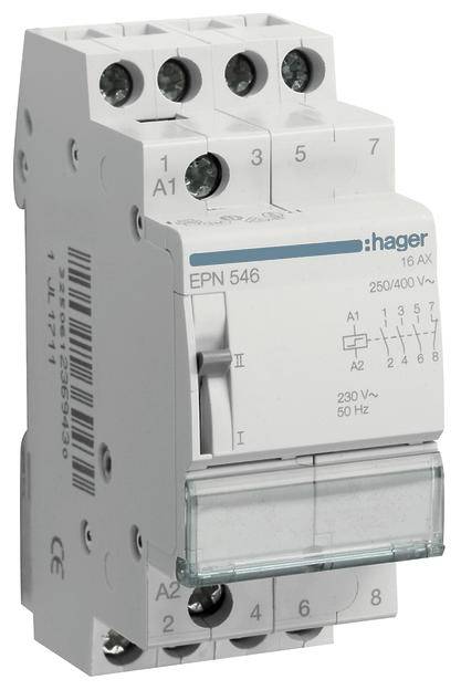 'Un contacteur d'installation Hager EPN 546 avec interrupteur pour circuits électriques, adapté pour 250/400 V, 16 A, 50 Hz.'