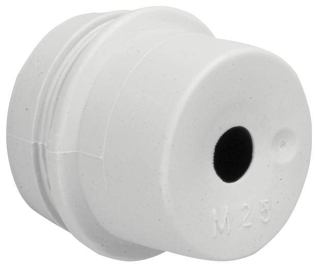 Bouchon en plastique blanc de forme ronde avec un trou central. Marquage imprimé 'M25'. Adapté pour les passages de câbles.