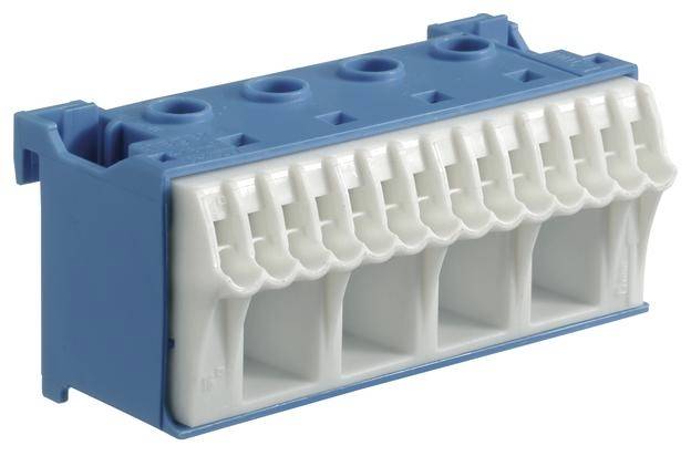 Bloc de connexion électrique bleu avec plusieurs bornes blanches, adapté pour les connexions de fils dans les circuits électriques.