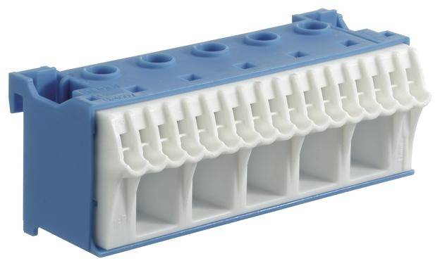 Borne de connexion électrique avec isolation bleue et blanche, adaptée pour la connexion de plusieurs conducteurs.