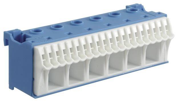 Bloc de raccordement électrique bleu et blanc avec plusieurs points de connexion, adapté pour le câblage dans les installations électriques.