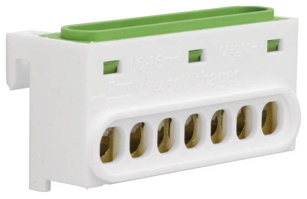 Un connecteur électrique blanc avec six emplacements dorés et un bord supérieur vert.