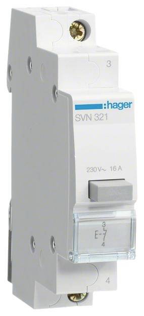 Un disjoncteur Hager de type 'SVN 321', dimensionné pour 230V~ et 16A, de couleur grise avec marquage bleu.