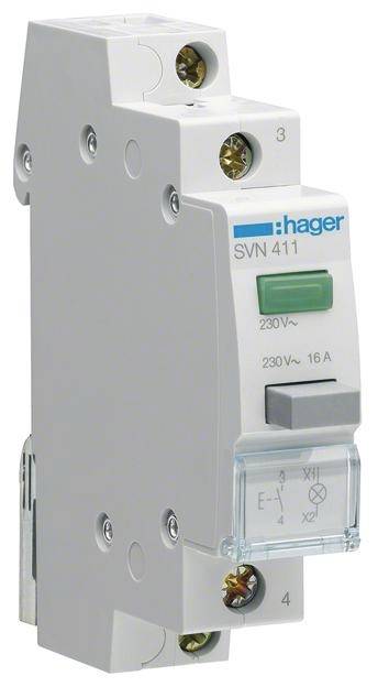 Disjoncteur électrique Hager, modèle SVN 411, 230V, 16A. Boîtier blanc avec interrupteur vert et inscriptions bleues.