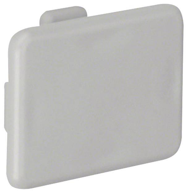 Pièce rectangulaire grise en plastique aux coins arrondis, avec support latéral et surface lisse.