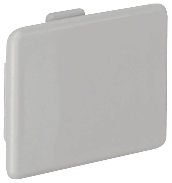 Un couvercle rectangulaire en plastique gris avec une petite languette.