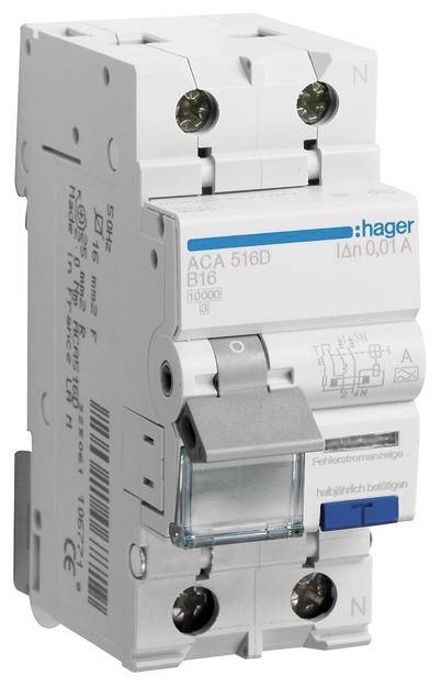 'Disjoncteur unipolaire Hager, modèle ACA 516D, avec marquage bleu. Développé pour la protection contre les surintensités dans les installations électriques.'