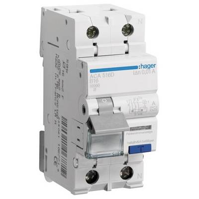 'Disjoncteur unipolaire Hager, modèle ACA 516D, avec marquage bleu. Développé pour la protection contre les surintensités dans les installations électriques.'