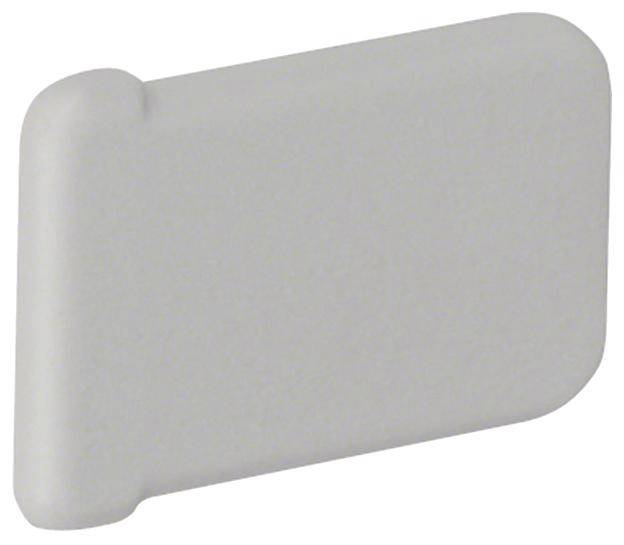 Une pièce plate en plastique gris de forme rectangulaire avec des bords arrondis. Probablement un couvercle ou un boîtier de protection.