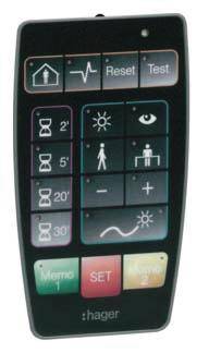 Une télécommande noire avec des touches colorées pour la domotique. Les icônes représentent la lumière, le minuteur, la réinitialisation, le test et différents modes.