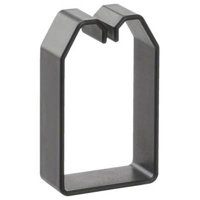 Un clip rectangulaire noir en plastique avec un côté ouvert et une petite encoche sur le dessus.