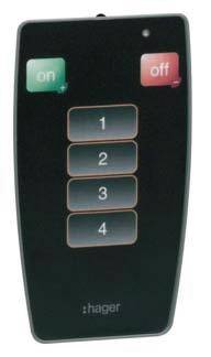 Télécommande avec bouton 'marche' vert, bouton 'arrêt' rouge et touches 1 à 4 sur fond noir.