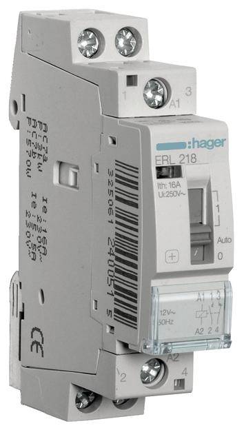 Un relais électronique Hager, modèle ERL 218, avec interrupteur Auto/Manuel, adapté pour 16A et 250V AC, présenté en gros plan.