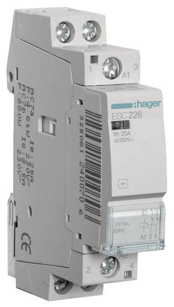 Un contacteur de Hager, modèle ESC226, 25A, 230V/50Hz. Les bornes de connexion et un marquage avec des spécifications techniques sont visibles.
