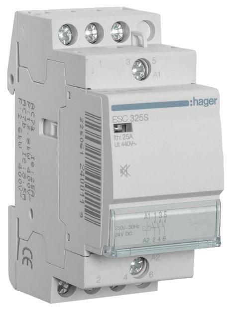 Contacteur industriel Hager de modèle ESC325S, adapté pour 25A et 440V, avec deux bornes de raccordement supérieures et inférieures.
