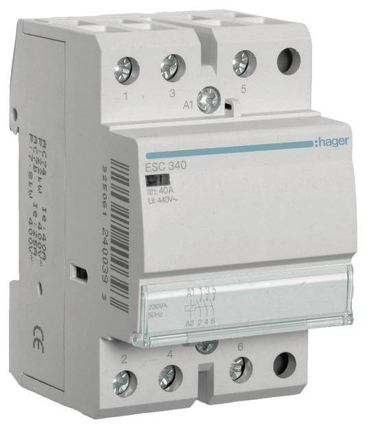 Un disjoncteur blanc de type Hager ESC 340. Adapté pour 40A, 440V. La face avant présente des marquages et des spécifications techniques.