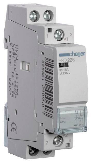 Interrupteur de dispositif 'ESD 225 Hager', 25A, représenté dans une vue latérale avec les bornes de connexion et l'étiquetage visibles.