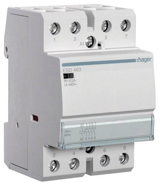 'Contacteur ESD 463' de Hager, 63A, 440V, 50Hz. Appareil de commande électrique avec bornes de raccordement, utilisé pour le circuit électrique.