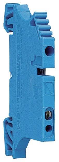 Un module de bornes électrique bleu, orienté verticalement, présente plusieurs connexions et bornes à vis.