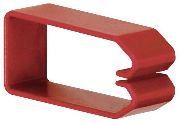 Clip en plastique rouge en forme de crochet rectangulaire. Couramment utilisé pour fixer les nappes sur les tables.