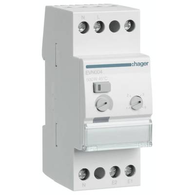 Un relais électrique de 'hager' de modèle 'EVN004'. Il est spécifié pour 500 W et 45°C et dispose de bornes de connexion en haut et en bas.
