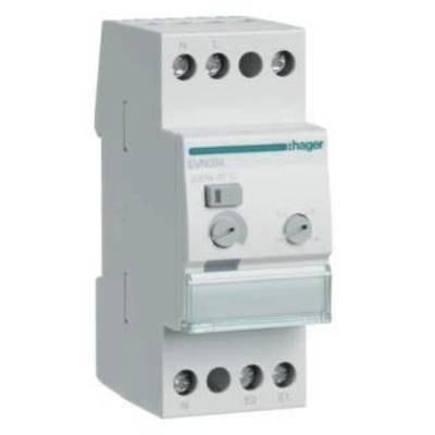 Un composant électrique blanc avec plusieurs connexions, deux boutons rotatifs et un volet. Le nom de marque 'Hager' est visible.