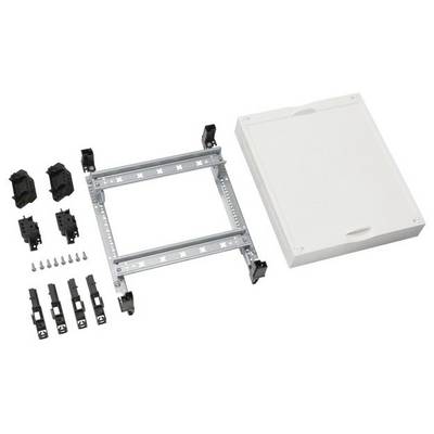 Ensemble de montage composé d'un couvercle de boîtier blanc, d'un cadre métallique, de supports et de vis, destiné à l'installation de composants électriques.