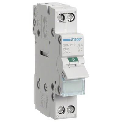 Disjoncteur Hager, modèle SBN 216, 25A, 230V. Forme compacte blanche avec indicateur de position de commutation vert.