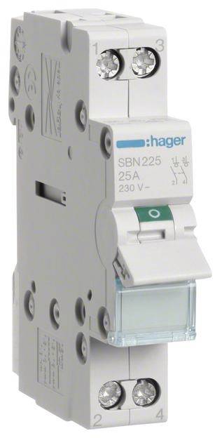 Un disjoncteur électrique Hager, modèle SBN225, de 25 ampères et 230 volts, dans un boîtier gris.