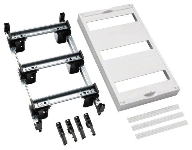 Kit de répartiteur en saillie avec bornes de câblage, deux rails de montage et un couvercle de protection en plastique blanc.