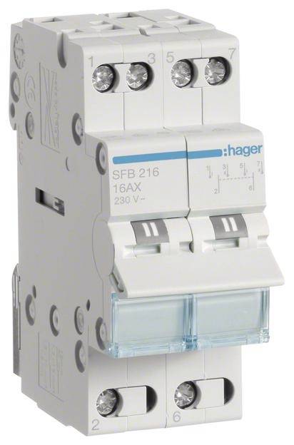 Disjoncteur avec levier bleu, portant l'inscription 'SFB 216 16AX 230V', utilisé pour des protections électriques.
