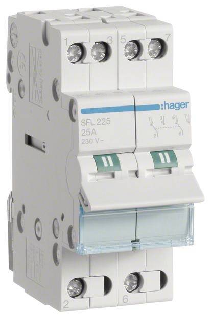 Un disjoncteur bipolaire Hager, modèle SFL 225, d'une intensité de 25A et d'une tension de 230V.