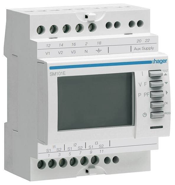 Compteur avec affichage numérique, nom de marque "hager" en haut à droite. Bornes de connexion et touches de réglage et de programmation visibles.