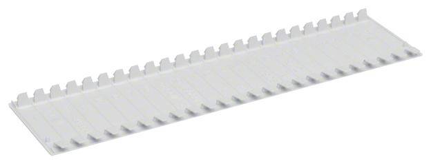 Barre de gestion de câbles blanche avec crochets, utilisée pour le guidage des câbles dans les baies de réseau ou de serveurs.