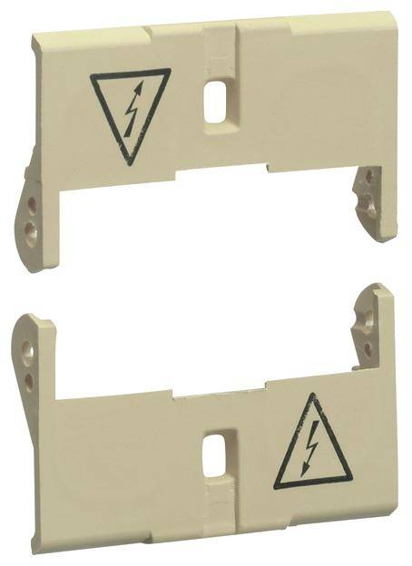 Deux plaques de plastique beige, chacune portant un symbole d'éclair dans un triangle, signalent un danger électrique. Les plaques ont des ouvertures centrales.