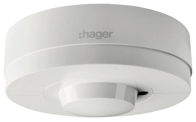Un détecteur de fumée blanc de la marque Hager fixé au plafond.