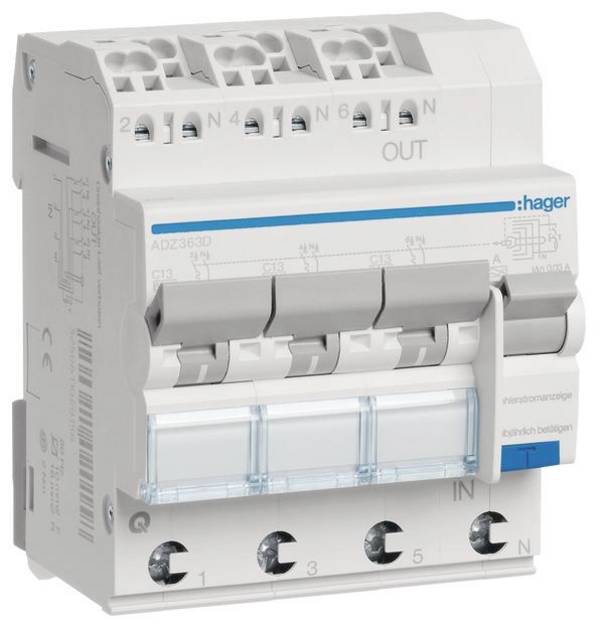 Hager ADZ363D Interrupteur différentiel/Disjoncteur de protection    4 pôles 13 A 0.03 A 230 V