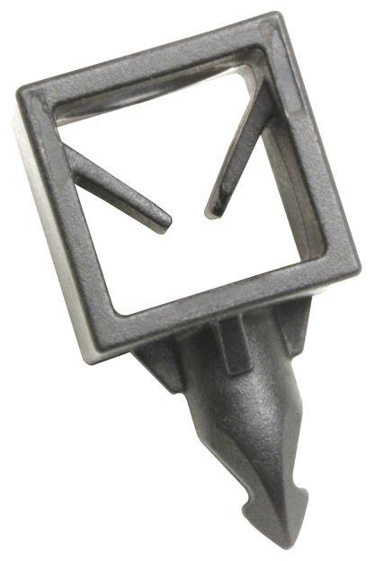 Clip de fixation en plastique de forme carrée avec une extrémité pointue et des supports internes. Utilisé pour immobiliser des objets.