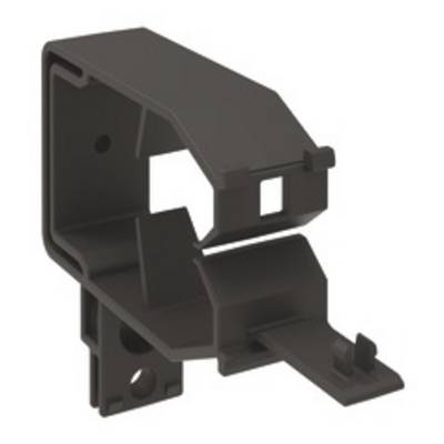Un composant en plastique brun avec différentes ouvertures et possibilités de fixation, probablement un support de montage pour des dispositifs techniques.