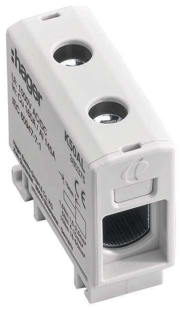 Module de sécurité électrique blanc avec logo Hager et spécifications techniques imprimées.
