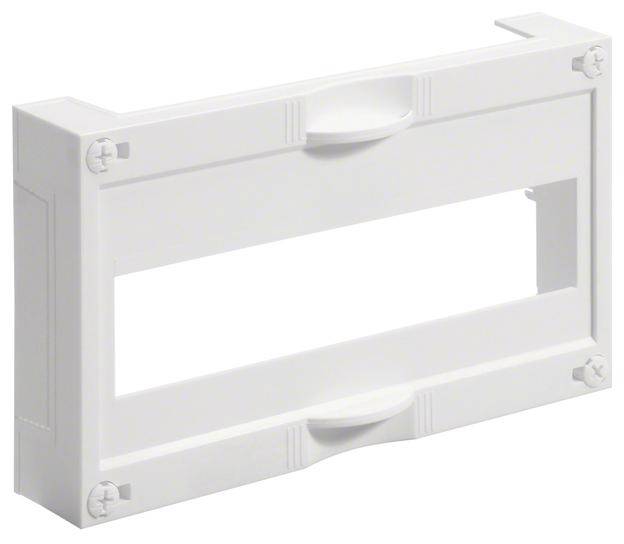 Cadre rectangulaire blanc en plastique avec une grande découpe centrale. Adapté pour la fixation ou le montage dans des applications électriques.