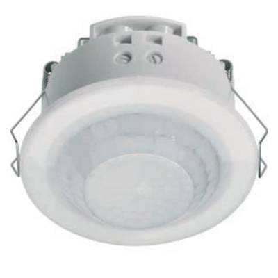 Un détecteur de mouvement blanc et rond pour montage au plafond, avec une partie centrale légèrement transparente pour détecter les mouvements dans la pièce.