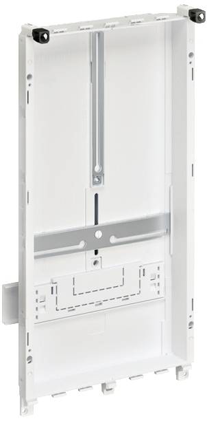 Un boîtier de distribution blanc, vide, en plastique, avec des rails et des possibilités de fixation pour des composants électriques.