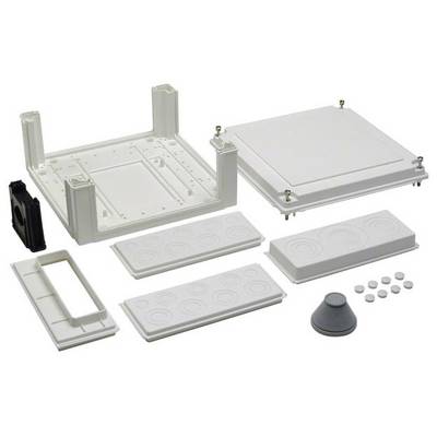 Un ensemble de composants blancs en plastique, comprenant des boîtiers, des couvercles et des joints, prêts à être assemblés ; représentation de pièces techniques.