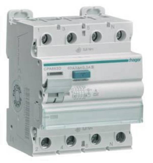 Hager CPA663D CPA663D Interrupteur différentiel A 4 pôles 63 A 0.3 A 400 V