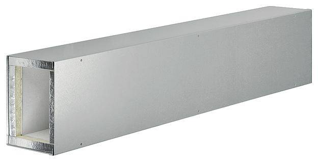 Canal de ventilation rectangulaire en métal avec intérieur isolé, typique des systèmes CVC dans les bâtiments. Adapté pour la distribution d'air.