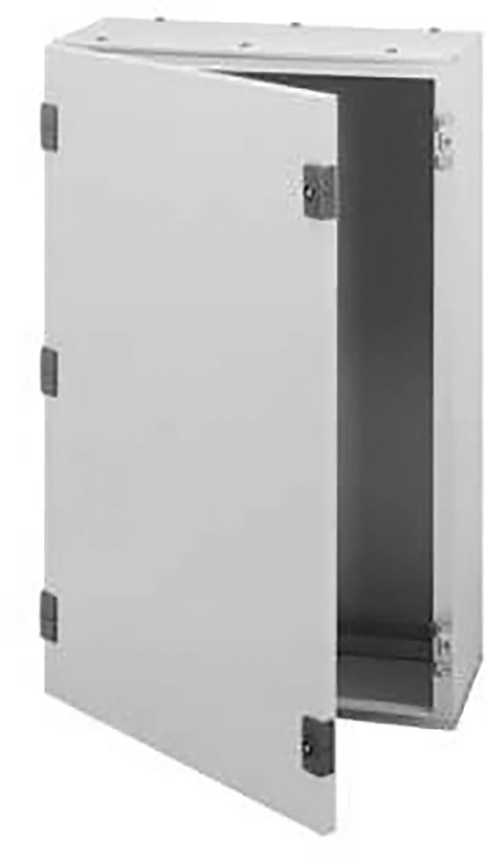 Un placard métallique rectangulaire ouvert et vide, avec des charnières sur le côté gauche et une porte qui s'ouvre vers la droite.