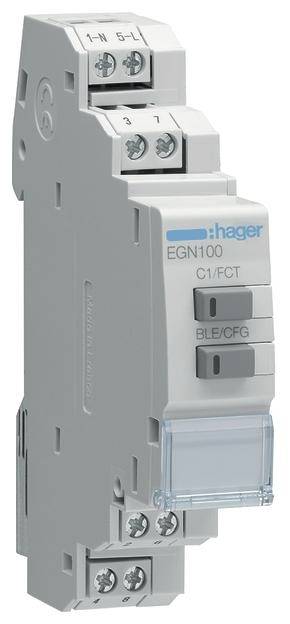 Un disjoncteur électronique unipolaire Hager, modèle EGN100, avec des bornes à vis en haut et en bas.